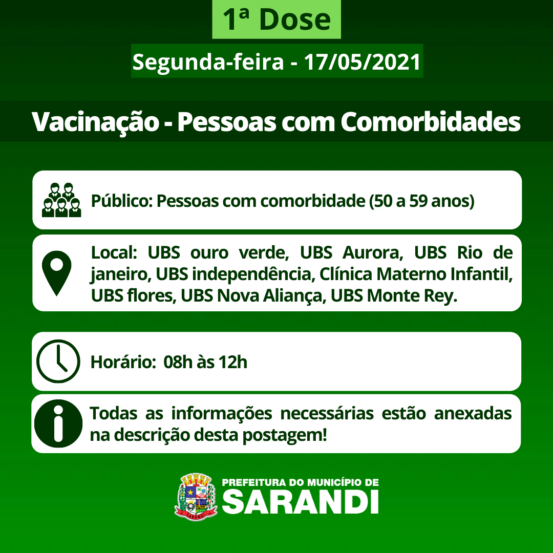Cronograma de Vacinação contra Covid-19 (Comorbidades) - Segunda-feira - 17/05/2021